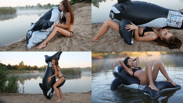 Nastya inflates the whale on the lake, then floats