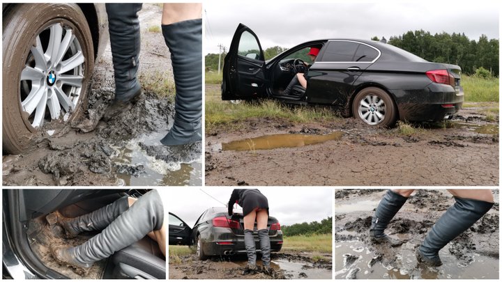 Sexy girl got stuck hard in deep soft mud driving luxury BMW