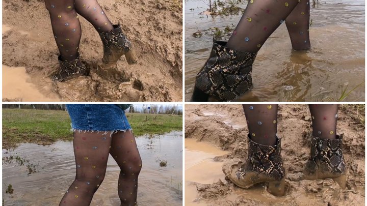 Walking in deep soft mud in crocodile ankle boots_wet socks and pantyhose_FullHD