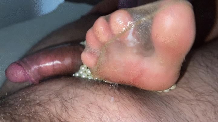 2hotfeet4you - Premature cum tan nylons footjob with pearl necklace, using cum as lube