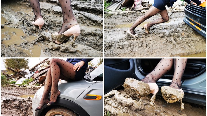 Unlucky day for sexy secretary: hard car stuck in mud