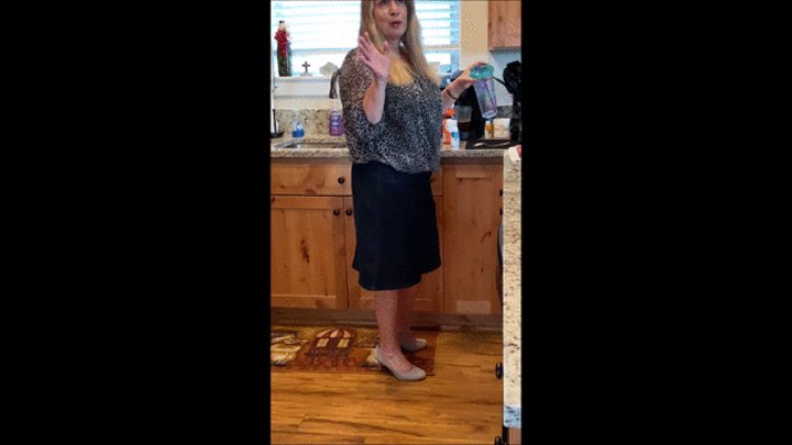 Deb Leaving & Candid View of Her Coming Home From Work Wearing Her Denim Skirt with Gray Fabric Comfort Plus Pumps for the First Time (9-8-2021) C4S