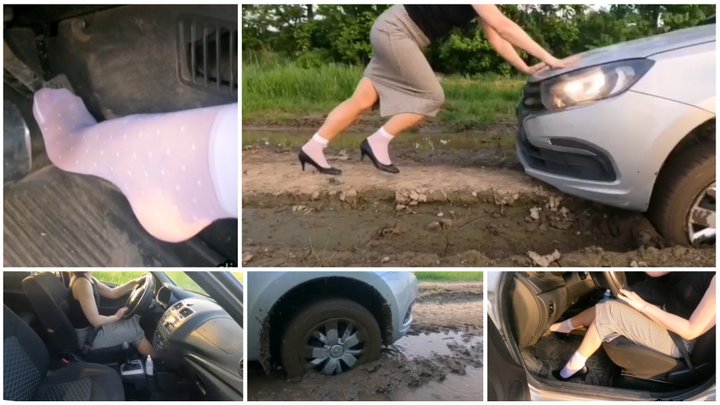 Sexy real estate agent got her Lada stuck in deep mud