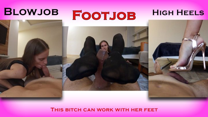 Blowjob & Footjob and High heels in pantyhose - Her legs in high heels do wonders and the dick turns into a rock from which cum erupts