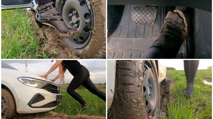 Car stuck in deep mud wearing sexy leggings, pantyhose and strappy high heels_FullHD