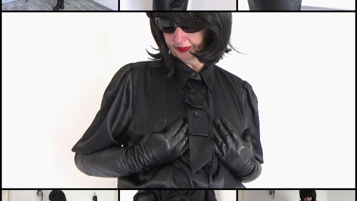 Mistress in a satin shirt and long leather gloves before handjob