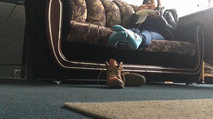 Filming secrete feet changing socks while working