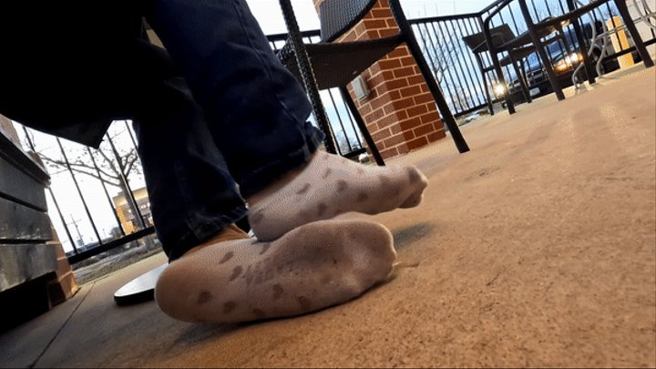 Candid socks Spying at work waiteress showing dirty feet on break