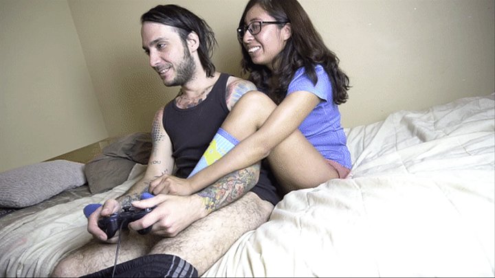 Gamer girl giving sockjob and handjob till she gets cum blasted on her socked feet footjob fetish
