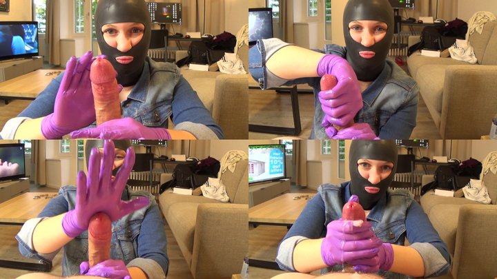 Pink Gloves Femdon Edging Handjob with Jeans Jacket and latex Mask