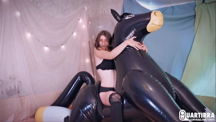 Q714 Cosette's sexy ride on a shiny black inflatable Horse - 480p