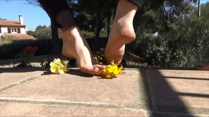 Twin sisters crushes flowers and ground