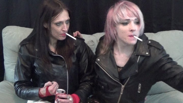 Biker Chicks Dakota and TG Sadie Saturn Smoke Cigarettes in Leather Jackets