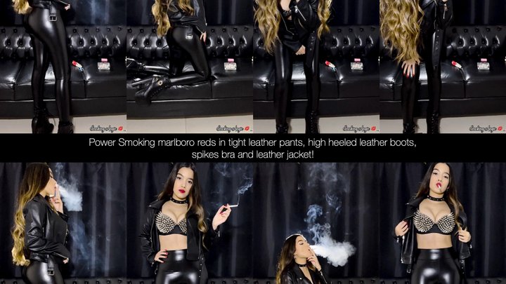 Angie power smoking marlboro reds in tight leather pants, high heeled leather boots, spikes bra and leather jacket!
