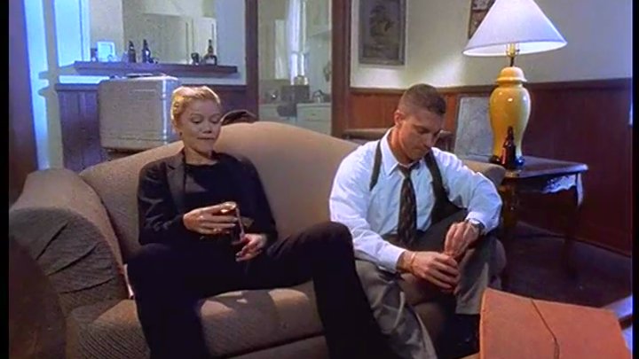 Federal agent toys with a pretty blonde with nice tits & doggy fucks her on sofa